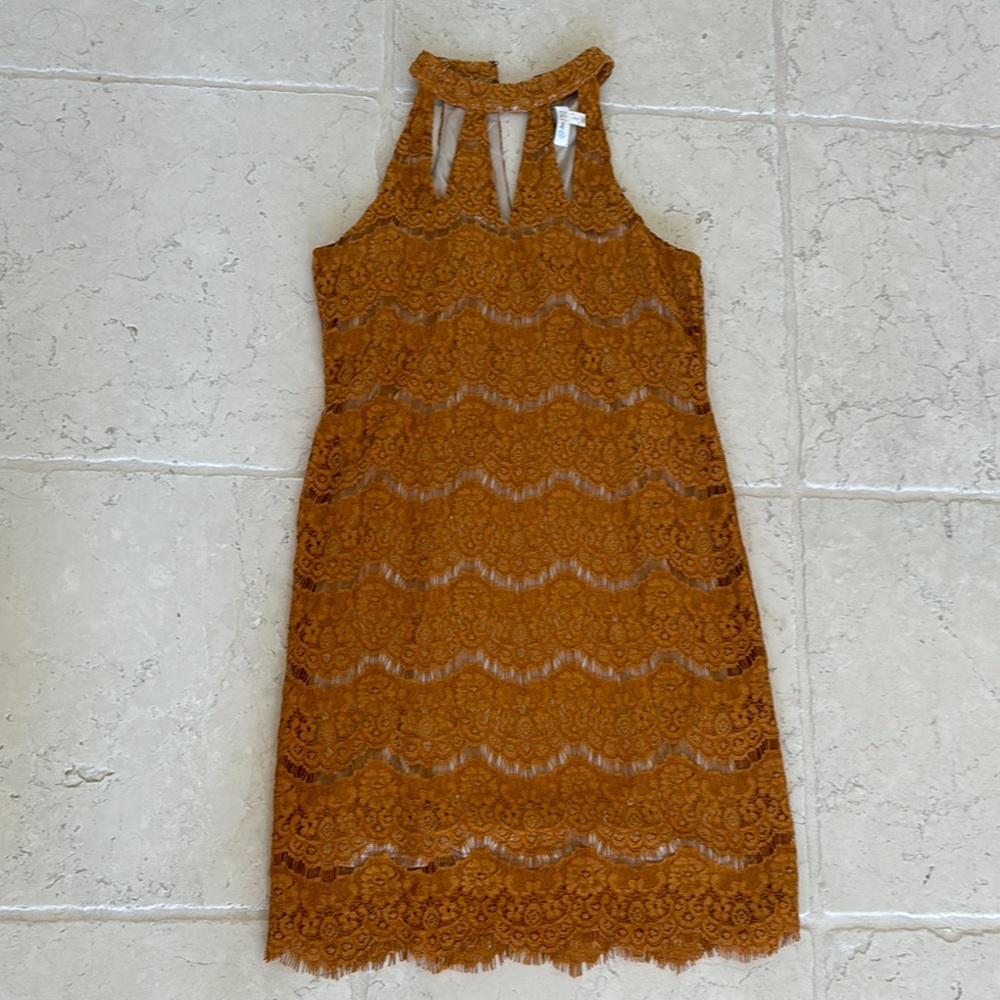 love, Fire Lace Halter Dress in Mustard